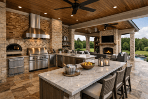 brentwood outdoor kitchen patio fireplace