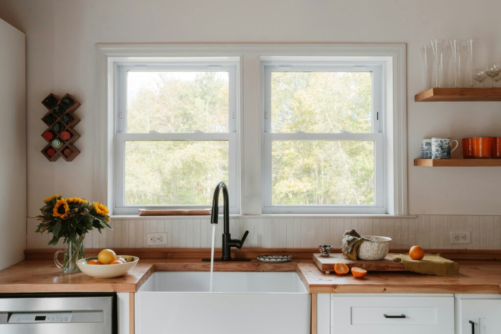 butcher block countertop kitchen window over sink