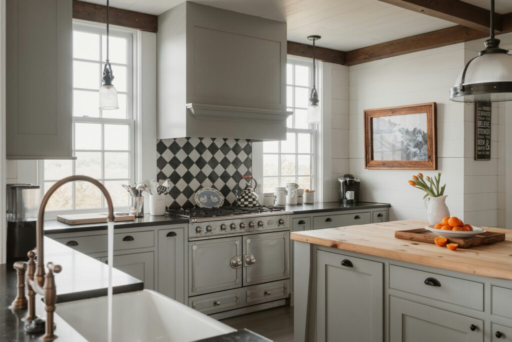 classic timeless kitchen black and white big windows butcher block