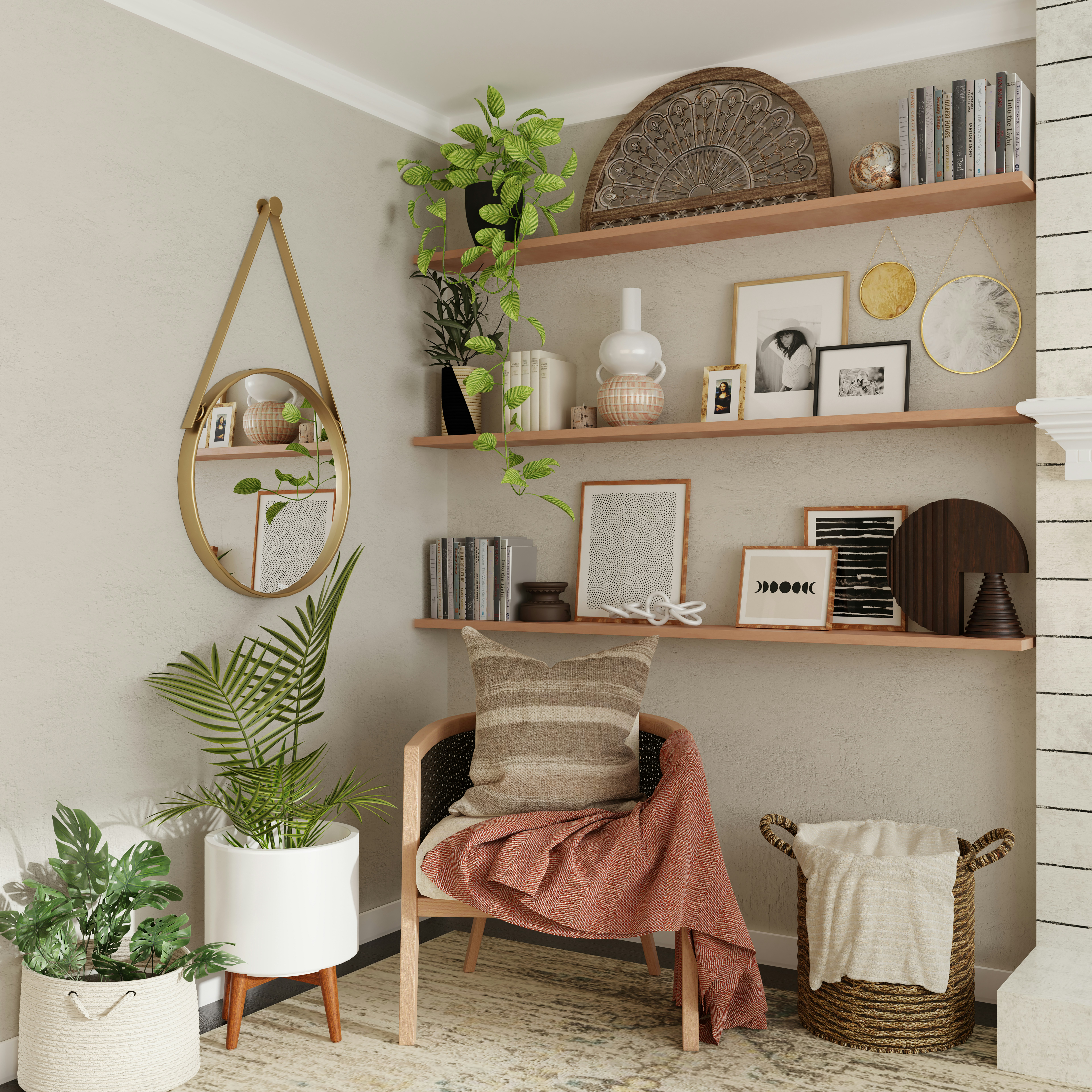 cozy seating area built in shelves