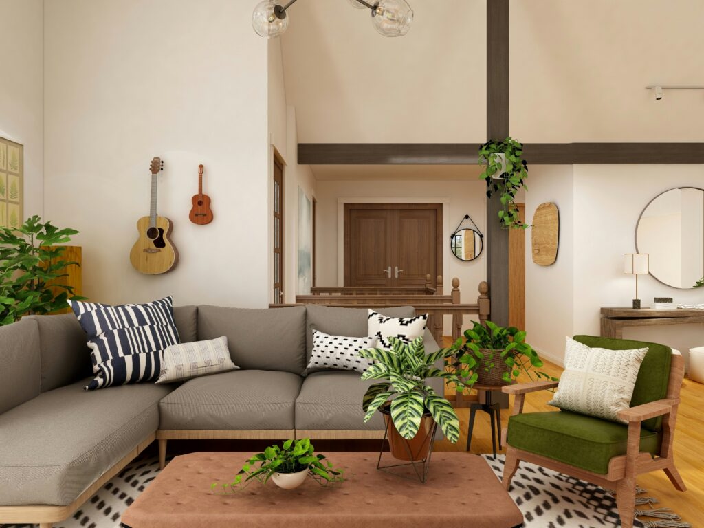 cozy warm living room tall ceilings